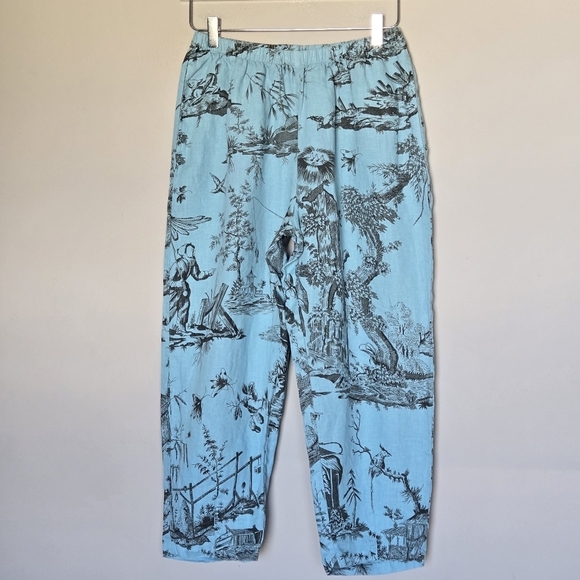 KLEEN 100% Linen Blue Toile Pattern Balloon Cropped Wide Leg Resortwear Pants - Picture 2 of 7